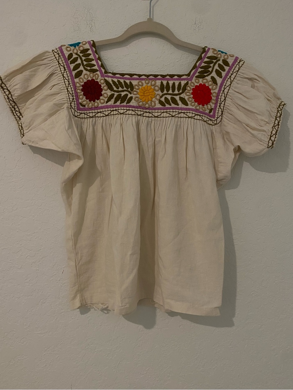 Embroidered with with Cream Peasant Top with Floral Yoke